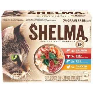 SHELMA Cat kuřecí, hovězí, losos a treska, kapsa 85g (12 pack)