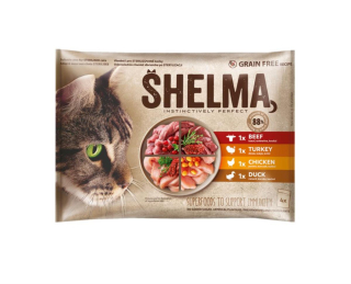 SHELMA Cat kuře, hovězí, kachna a krůta, kapsa 85g (4 pack)